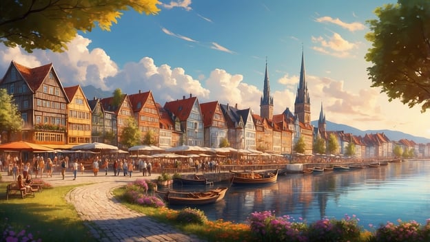 Wunderschöne Altstadt am Wasser mit historischen Gebäuden, Gaststätten im Freien und lebhaftem Treiben der Besucher.