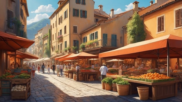 Der Bildausschnitt zeigt einen lebhaften Markt in einer Stadt mit Ständen aus Holz, die frisches Gemüse und Obst anbieten.