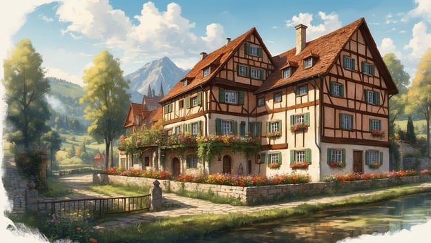 Ein malerisches Fachwerkhaus mit blühenden Pflanzen umgeben von Bäumen und einem klaren Himmel, im Hintergrund Berge.