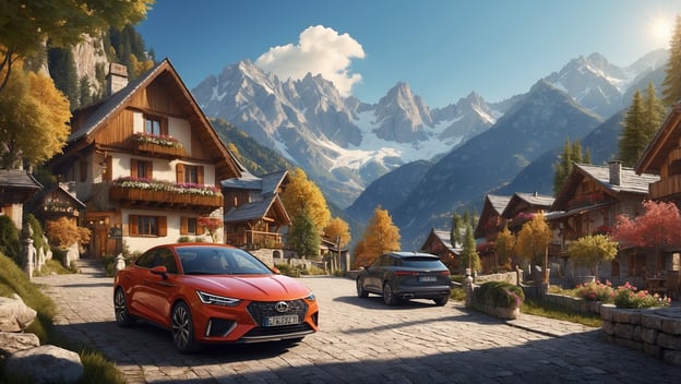 Zwei Autos stehen vor traditionellen Chalets in einer malerischen Berglandschaft mit schneebedeckten Gipfeln und bunten Bäumen.