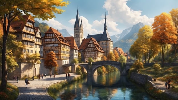 Malerische Stadtansicht mit Fachwerkhäusern, Fluss, Brücke und bunten Bäumen im Herbst vor Berglandschaft.