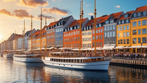 Kopenhagen mit bunten Häusern am Hafen und weißen Booten im Wasser, bei Sonnenuntergang und lebhaften Terrassen.