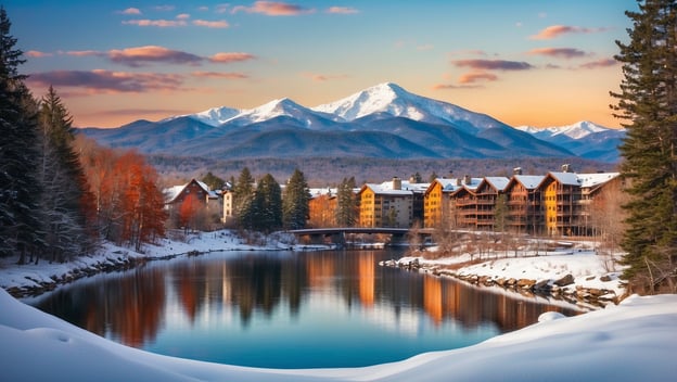 Winterliche Landschaft mit schneebedeckten Bergen, einem ruhigen Fluss und modernen Holzhäusern in Lake Placid.