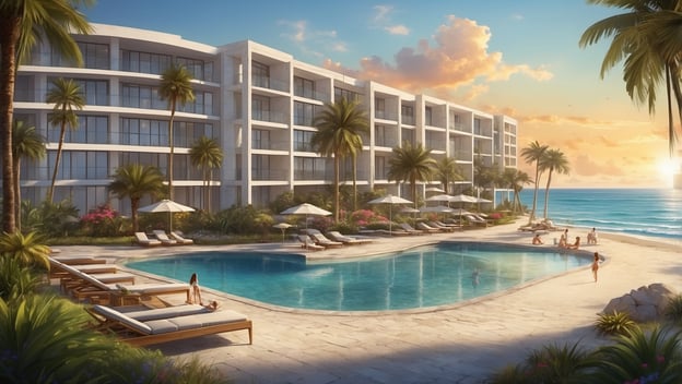 Luxuriöses Resort an der Küste Floridas mit Pool, Liegen, Palmen und Blick auf den Strand bei Sonnenuntergang.