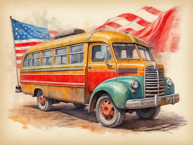 Auf dem Bild ist ein bunter Reisebus zu sehen, der von der Form und dem Stil her an Fahrzeuge aus der Mitte des 20. Jahrhunderts erinnert. Es sind die Farben Rot, Gelb und Grün zu erkennen, sowie eine amerikanische Flagge im Hintergrund.Im Kontext von Vilnius im 20. Jahrhundert könnte man sich vorstellen, dass solche Busse vielleicht in der Zeit nach dem Zweiten Weltkrieg oder während der sowjetischen Besetzung in verschiedenen Städten zur Mobilität genutzt wurden, wobei sie oft auch den Einfluss westlicher Kulturen widerspiegelten. Busse könnten auf dem Weg zum Marktplatz oder für Ausflüge in Parks und Freizeitgebiete gewesen sein, was das alltägliche Leben der damaligen Zeit prägt.