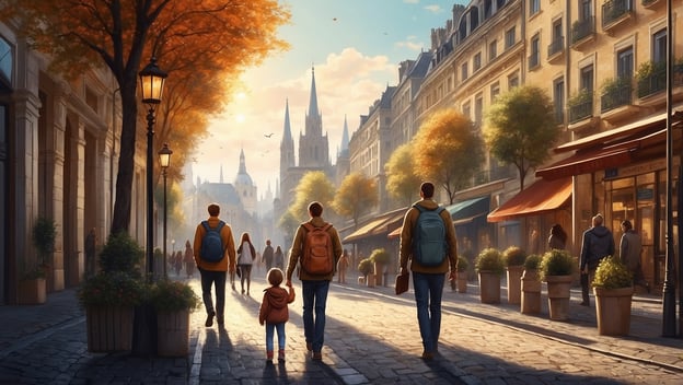 Menschen gehen mit Rucksäcken und einem Kind auf einer belebten Straße bei Sonnenuntergang, umgeben von Bäumen und Geschäften.