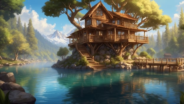 Ein Baumhaushotel steht über einem ruhigen See, umgeben von Bäumen und Bergen, ideal für Ruhe und Erholung.