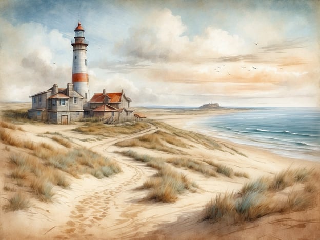Auf dem Bild ist ein Leuchtturm zu sehen, umgeben von historischen Gebäuden an der Küste. Diese Szenerie erinnert an die Kurische Nehrung, eine schmale Landzunge, die das Kurische Haff vom offenen Meer trennt. Die Nehrung hat eine reiche Geschichte, die bis ins frühe Mittelalter zurückreicht. Sie war ein wichtiger Handelsweg und ein Zentrum der Fischerei.Der Leuchtturm spielt eine bedeutende Rolle für die Schifffahrt, die seit Jahrhunderten die Küstenregionen der Ostsee beeinflusst hat. Viele Leuchttürme entlang der Küste wurden erbaut, um Seefahrern den Weg zu weisen und sie vor den tückischen Sandbänken und Anlandungen zu warnen. Die historischen Gebäude könnten ehemalige Fischerhäuser oder Unterkunftsmöglichkeiten für Reisende darstellen, die die natürliche Schönheit der Natur und die kulturelle Geschichte der Region genießen möchten.