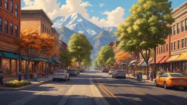 Bunte Straßenszene mit Geschäften, Bäumen und Autos, im Hintergrund sind Berge und wolkiger Himmel zu sehen.