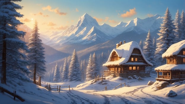 Winterlandschaft mit schneebedeckten Bergen und Hütten, umgeben von Tannenbäumen und sanftem Sonnenlicht.