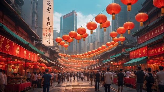Feiere das Jahr des Feuer-Pferdes in Hongkong ganz groß! Ein belebter Markt mit roten Laternen und Menschenmengen.
