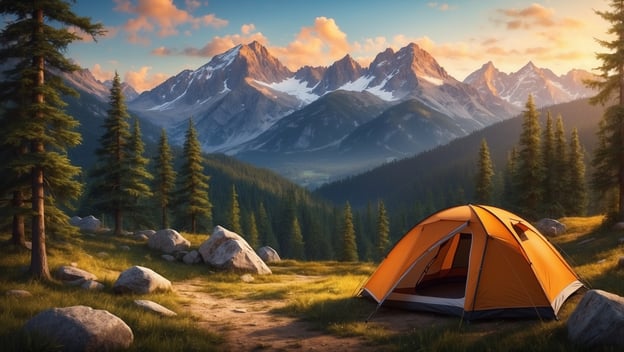 Ein orangefarbenes Zelt steht auf einer Wiese umgeben von Bäumen und Felsen, im Hintergrund sind majestätische Berge zu sehen.