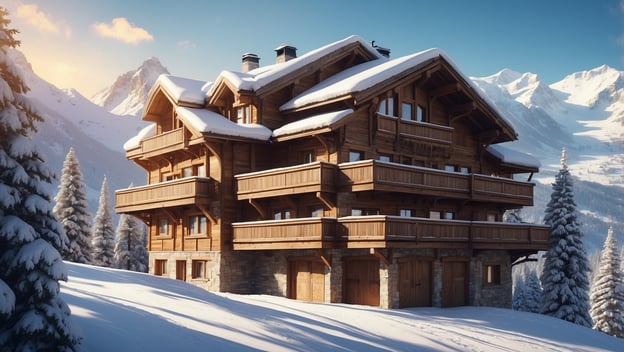 Ein elegantes Holzhaus mit mehreren Balkonen, umgeben von schneebedeckten Bäumen und Bergen im Hintergrund.