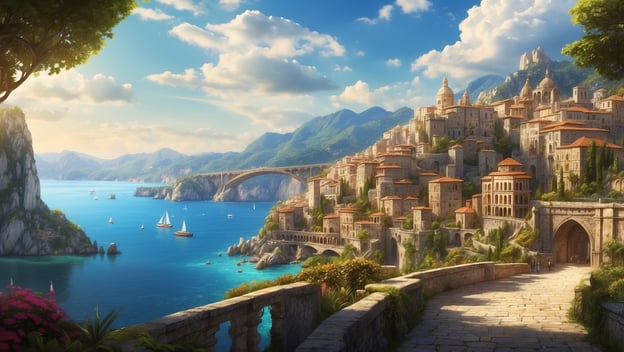 Eine malerische Küstenstadt mit historischen Gebäuden, umgeben von Bergen und blauen Gewässern, in einer sonnigen Landschaft.