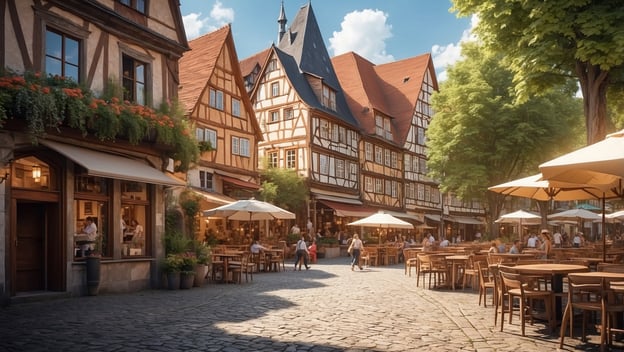 Ein malerischer Platz mit Fachwerkhäusern, Cafés und Tischen unter Sonnenschirmen in einer lebhaften Atmosphäre.