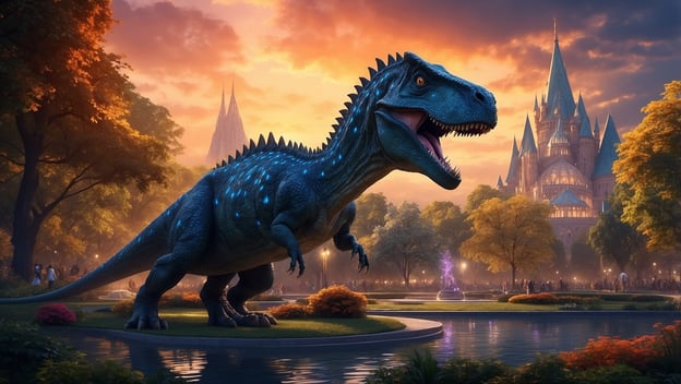 Ein leuchtender Dinosaurier steht im Park vor einem Schloss und einem bunten Garten mit Besuchern und Bäumen.