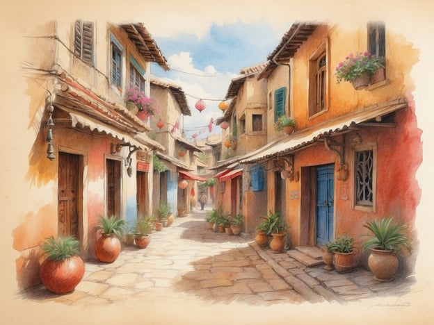 Auf dem Bild ist eine malerische Gasse zu sehen, die von bunten, charmant gestalteten Häusern gesäumt wird. Die Häuser sind in warmen Farben gehalten, mit Blumen und Pflanzen in Töpfen, die zu einer einladenden Atmosphäre beitragen. Über der Straße hängen Laternen und Dekorationen, die das Bild lebendig wirken lassen. Der Boden besteht aus Steinen und wirkt gut erhalten. Es scheint ein ruhiger, sonniger Tag zu sein, der eine friedliche Stimmung vermittelt.In der Region könnte man sagen, dass dies an typisch mediterrane Orte erinnert, ähnlich wie in einem kleinen Dorf entlang der Küste, wo man das Leben in vollen Zügen genießen kann.
