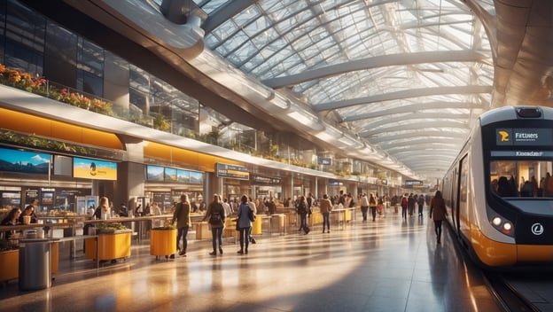 Bahnhof mit vielen Reisenden, modernen Warteräumen, Verkaufsständen und einem Zug, der im Hintergrund steht.