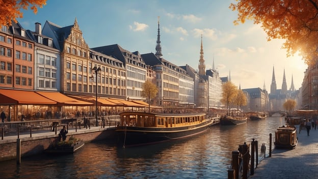 Hamburg begeistert auf der ITB 2026 mit frischem Standdesign, Blick auf belebte Uferpromenade und historische Architektur am Wasser.