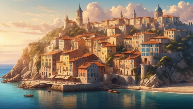 Ein malerisches Küstendorf mit bunten Häusern, die an einer Klippe stehen, umgeben von Wasser und einem klaren Himmel.