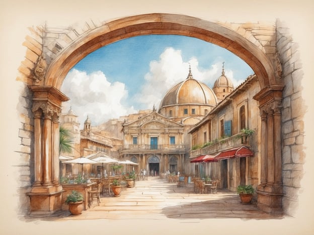 Auf dem Bild ist eine malerische Straße zu sehen, die von historischer Architektur umgeben ist. Im Hintergrund erheben sich majestätische Kuppeln von Gebäuden, die eine wichtige Rolle in der Stadtlandschaft spielen. Tische mit Sonnenschirmen laden die Gäste ein, das mediterrane Flair zu genießen.Um diese Szenerie in einer modernen kulinarischen Interpretation zu beschreiben, könnte man lokale Zutaten und traditionelle Rezepte neu interpretieren. Zum Beispiel könnte man statt eines klassischen Insalata Caprese einen Salat zubereiten, der frische Tomaten, Mozzarella und konkurrenzierende Kräuter aus der Region kombiniert, verfeinert mit einer kreativen Vinaigrette aus Zitrusfrüchten. Oder anstelle von Pasta alla Norma könnte man Zucchini-Nudeln mit einer Auberginen-Creme servieren, um die traditionellen Aromen auf eine leichte, moderne Art zu präsentieren.Dieses Bild vermittelt ein Gefühl von Genuß und Gastfreundlichkeit, genau wie eine harmonische Mahlzeit, die Kultur, Tradition und Innovation vereint.