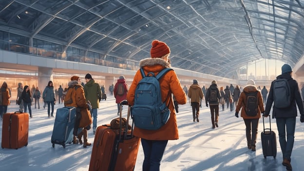 Menschen mit Koffern gehen durch einen Flughafen mit schneebedecktem Boden, umgeben von Glasarchitektur.