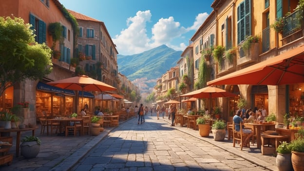 Eine malerische Gasse mit Cafés, Tischen und Sonnenschirmen, umgeben von bunten Gebäuden und Bergen im Hintergrund.