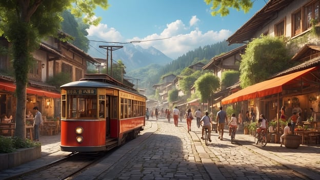 Eine historische Straßenbahn fährt durch eine belebte Straße mit Cafés, Einwohnern und Bergen im Hintergrund.