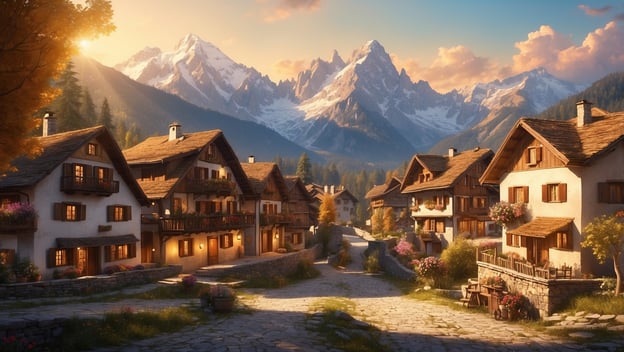 Idyllische Berglandschaft mit charmanten, blühenden Hütten und majestätischen Bergen im Hintergrund bei Sonnenuntergang.