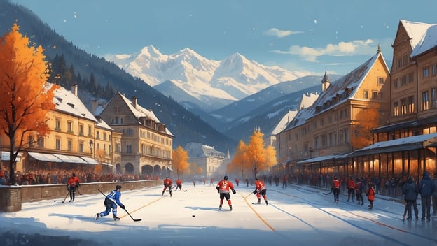 Eishockeyspiel auf einer malerischen Eisfläche in einem Winterdorf, Zuschauer in winterlicher Kleidung, Berge im Hintergrund.