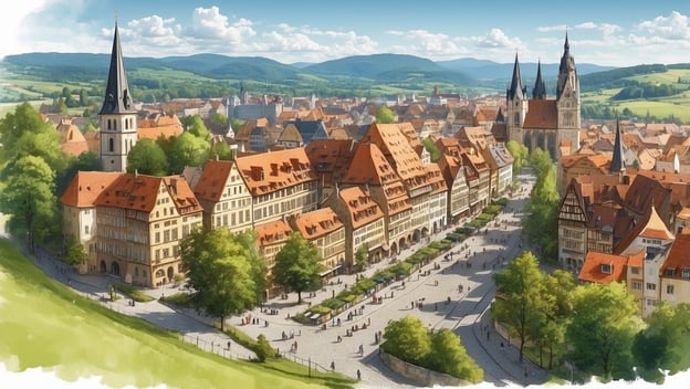 Städtisches Panorama mit historischen Gebäuden, roten Dächern und einer Kirche, umgeben von grünen Hügeln und Menschen auf einer Platz.