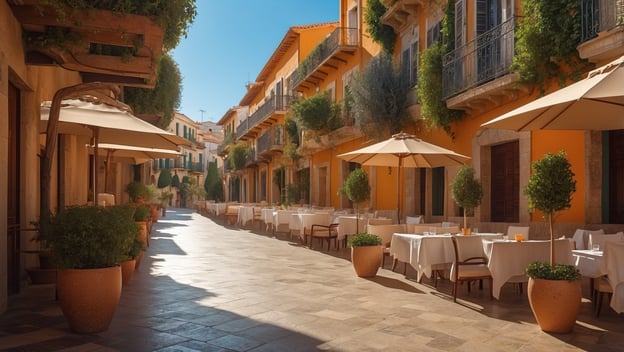 Ein sonniger Platz mit Tischen und Stühlen unter Sonnenschirmen, umgeben von schönen, farbenfrohen Gebäuden.