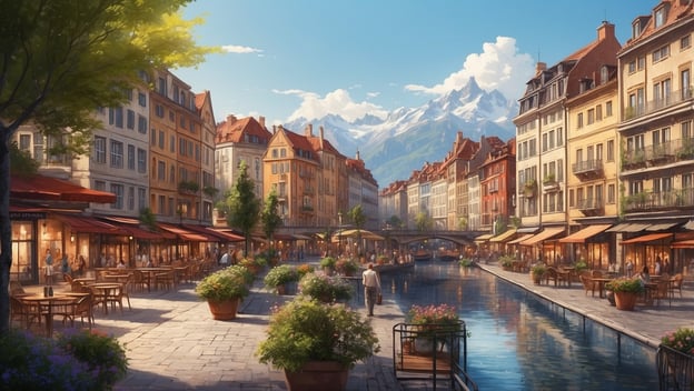 Eine malerische Flusslandschaft mit bunten Häusern, Cafés, Blumen und schneebedeckten Bergen im Hintergrund.