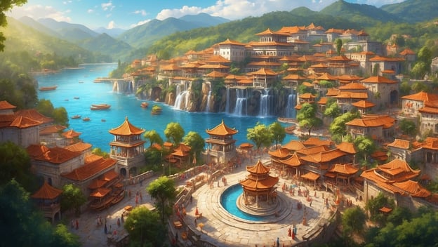 Eine malerische Flusslandschaft mit traditioneller Architektur, Wasserfällen und vielen Reisenden in historischer Kleidung.