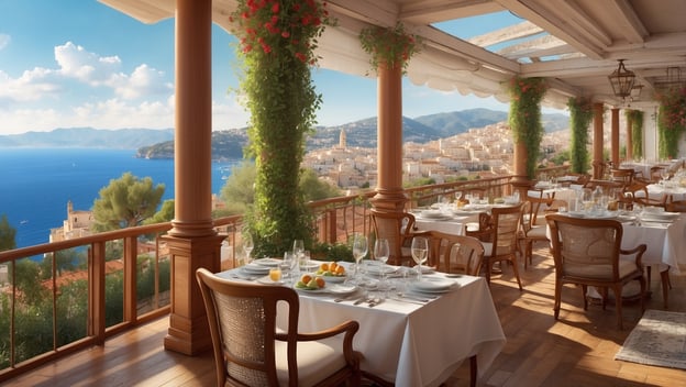 Elegantes Tische auf einer Terrasse mit Blick auf das Meer, umgeben von Pflanzen, bereit für ein kulinarisches Erlebnis mit edlen Weinen.