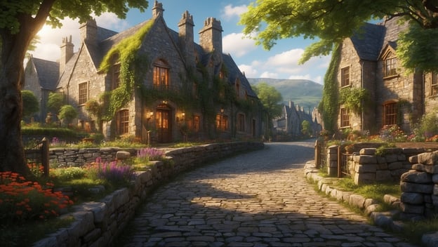 Eine malerische Straße mit gepflastertem Boden, umgeben von idyllischen Steinhäusern und bunten Blumen in Irland.