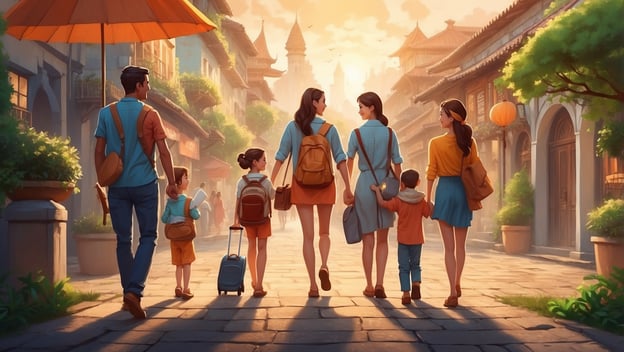 Eine Familie mit Kindern spaziert in einer malerischen Altstadt, umgeben von historischen Gebäuden und sanftem Licht.