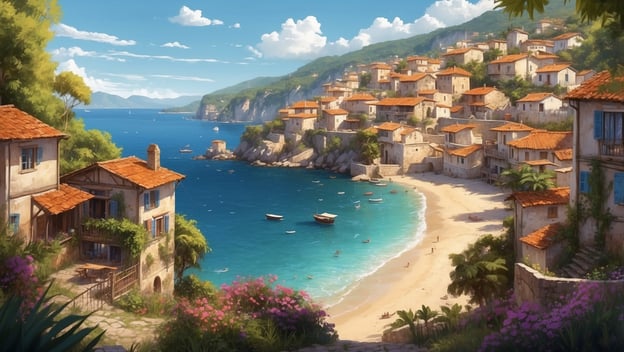 Idyllische Küstenlandschaft mit kleinen Häusern, Strand, Booten und grünem Uferbewuchs unter blauem Himmel.