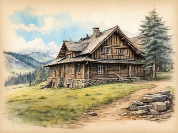Auf dem Bild ist eine malerische Holzhütte in einer idyllischen Landschaft zu sehen. Diese Art von Architektur erinnert an die Region Torfhaus im Harz, wo traditionelle Häuser oft aus Holz und mit Steinfundamenten gebaut werden. Die hügelige Umgebung mit Bäumen und Wiesen spiegelt das natürliche Flair dieser Gegend wider.Die Geschichte von Torfhaus ist geprägt von seiner Lage als eines der höchstgelegenen Dörfer im Harz, das lange Zeit eine zentrale Rolle in der Torfproduktion spielte. Die Bauern und Handwerker der Region lebten in solchen typischen Häusern, die oft ein schlichtes, aber robustes Design aufwiesen. Viele Besucher schätzen heute Torfhaus nicht nur wegen seiner historischen Bedeutung, sondern auch wegen der schönen Wanderwege und der unberührten Natur, die diese Gegend umgeben.