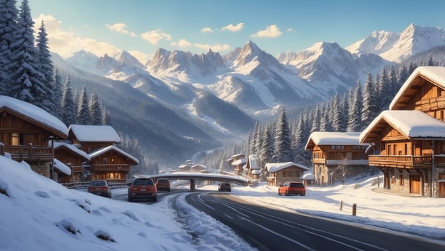 Schneebedeckte Berge umgeben eine kurvige Straße mit Autos und traditionellen Holzhäusern im Wintersportgebiet.