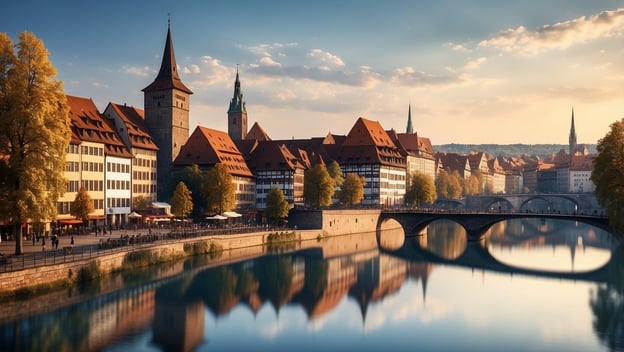 Nürnberg zeigt historische Architektur am Fluss mit Kirchen und Brücken, ein beliebtes Ziel mit Rekordübernachtungen.