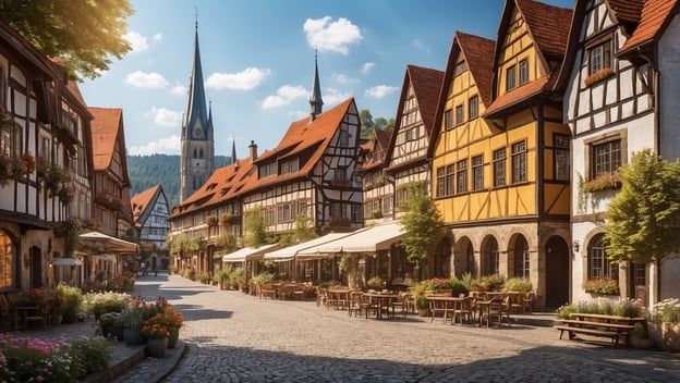 Historische Straßenansicht mit Fachwerkhäusern, schönen Blumen und einem Kirchturm im Hintergrund. Tageslicht, gemütliche Atmosphäre.