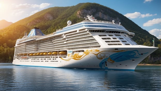 Ein modernes Kreuzfahrtschiff liegt im Wasser vor einer grünen Berglandschaft, die unter klarem Himmel erkennbar ist.