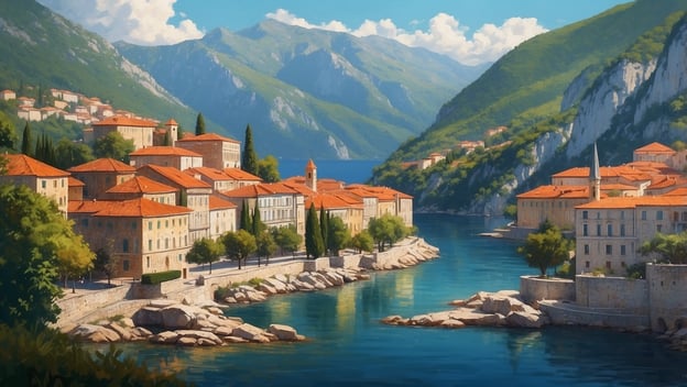 Ein malerisches Küstendorf mit roten Dächern, umgeben von Bergen und klarem Wasser, ideal für einen Urlaub in Montenegro.