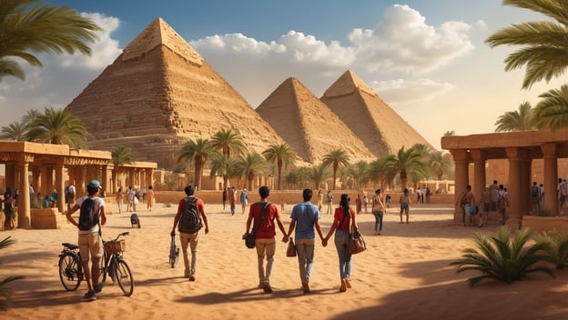 Menschen spazieren durch die Wüste, Pyramiden im Hintergrund, umgeben von Palmen und historischen Strukturen.