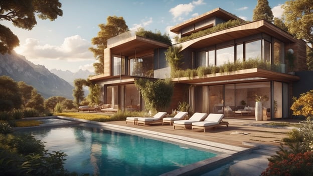 Moderne Villa mit Pool, umliegenden Pflanzen und Blick auf Berge, Sonnenliegen auf der Terrasse.