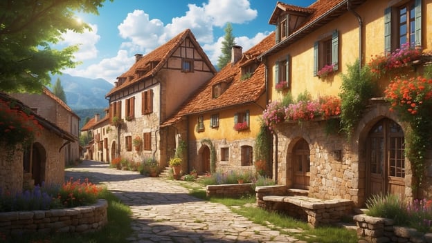 Landschaftliche Dorfstraße mit bunten, blumengeschmückten Häusern und sanften Bergen im Hintergrund unter blauem Himmel.