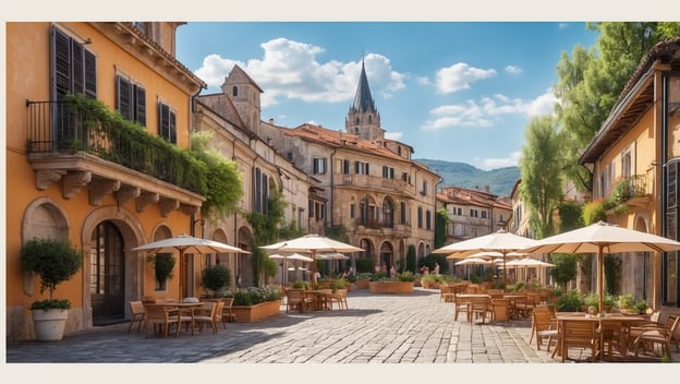 Ein malerischer Platz mit sonnigen Terrassen, Tischen und großen Sonnenschirmen. Historische Gebäude umgeben den Bereich.