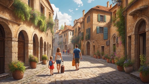 Eine Familie mit einem Kind geht gemütlich eine malerische Straße entlang, umgeben von historischen Gebäuden und Blumen.