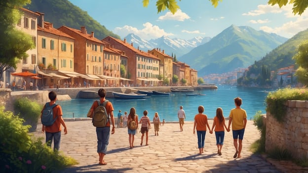 Familie und Kinder spazieren an einem malerischen Ufer mit bunten Häusern und Bergen im Hintergrund entlang.